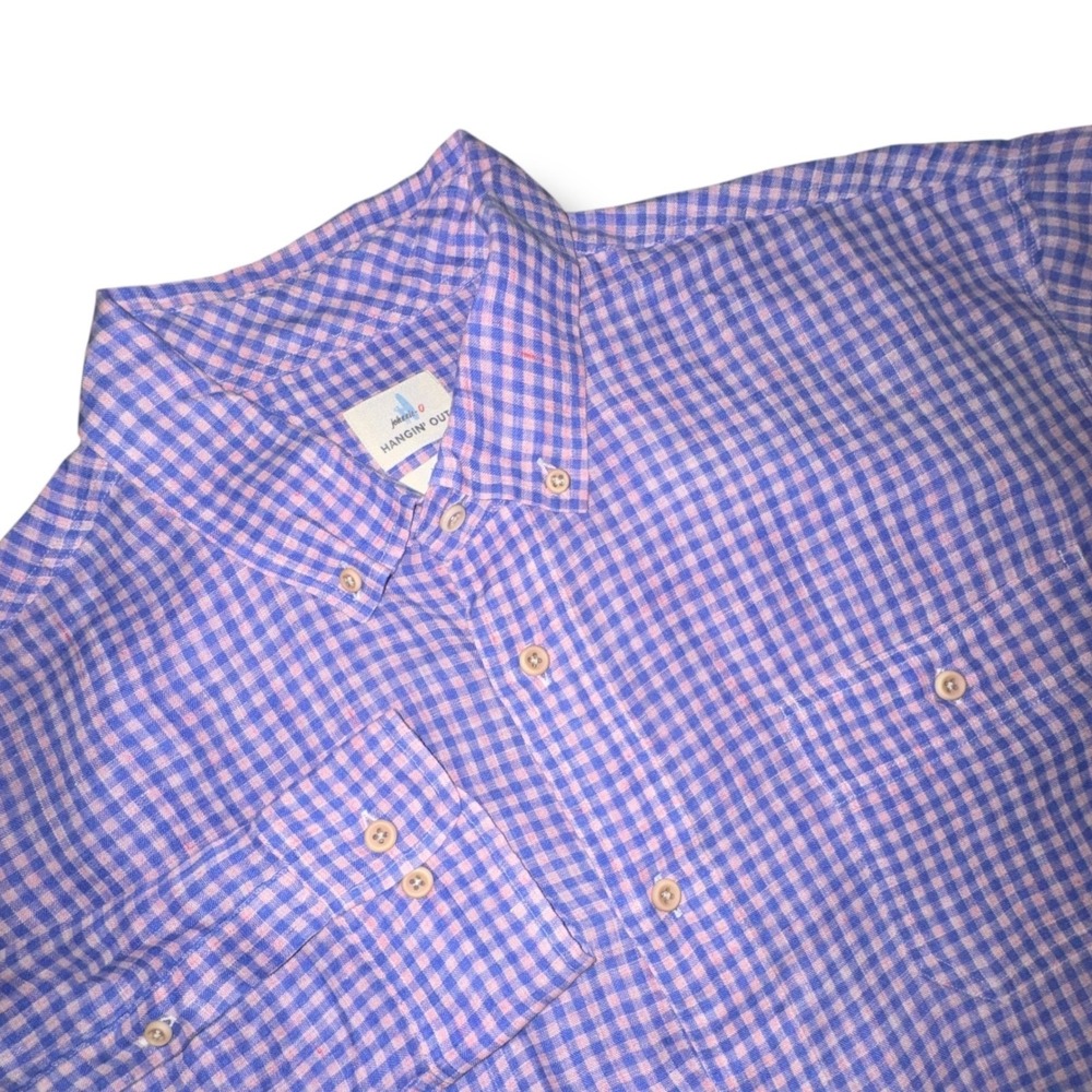 Johnnie-O Hangin Out Mens XL Linen Gingham Button‎ Down Shirt Purple Haze LS